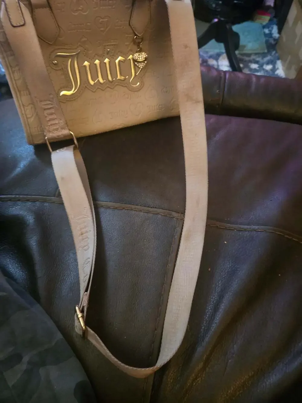 Juicy Couture Upgrade U Mini Tote Bag in Cafe Tan with Rhinestone Heart Charm